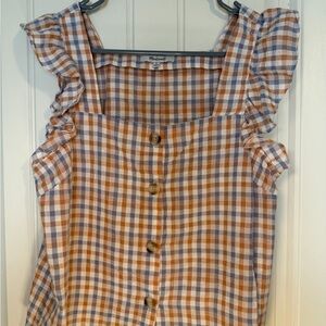 Madewell Plaid Ruffle Blouse - Brown and White